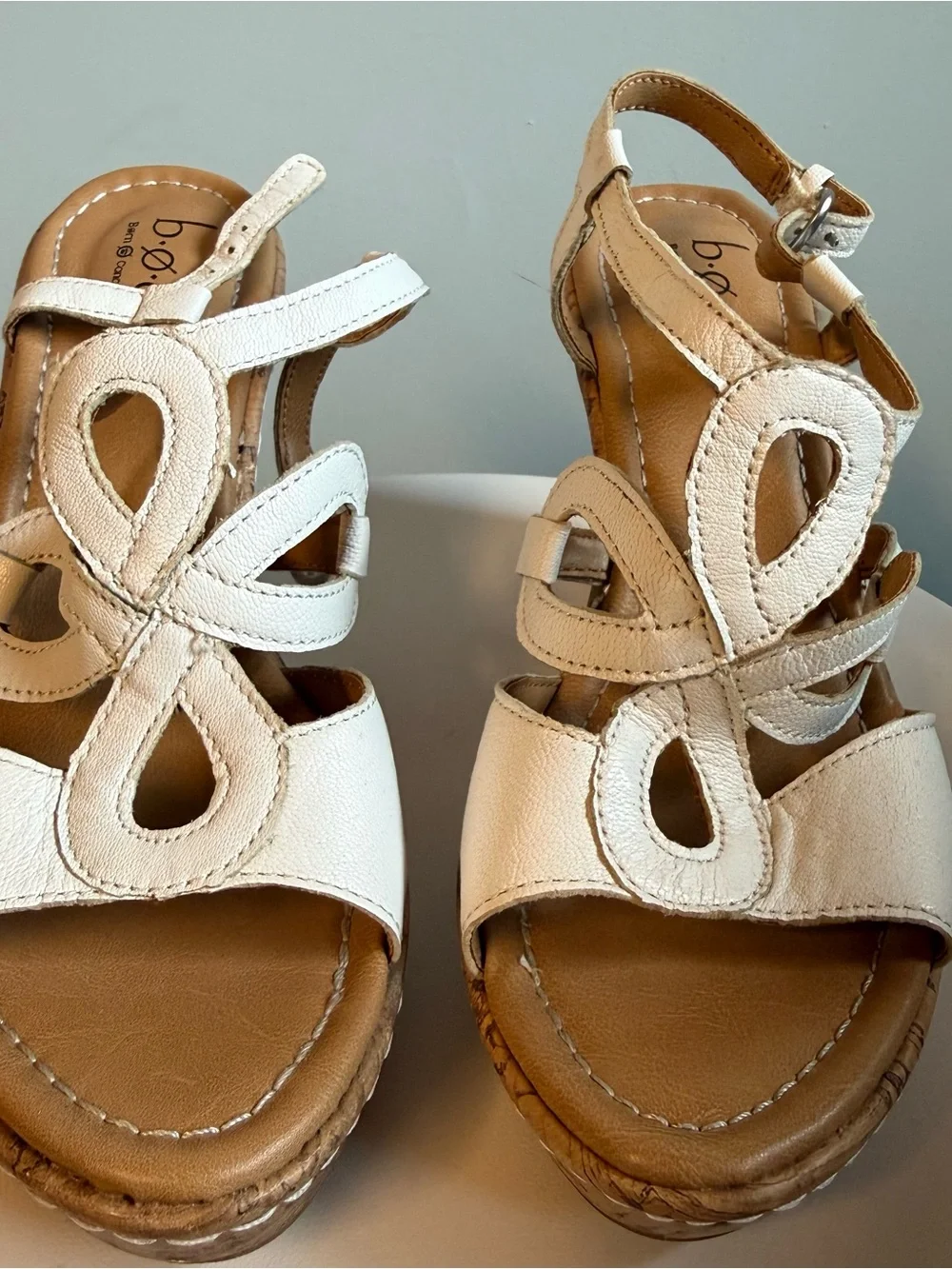 b.o.c. White Leather Cutout Wedge Sandals